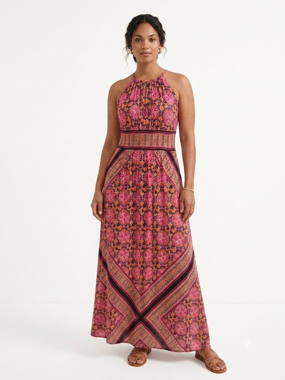 Roz & Ali Maxi Dress Size 8 Pink Orange Boho Geometric Floral Halter ALine Flowy